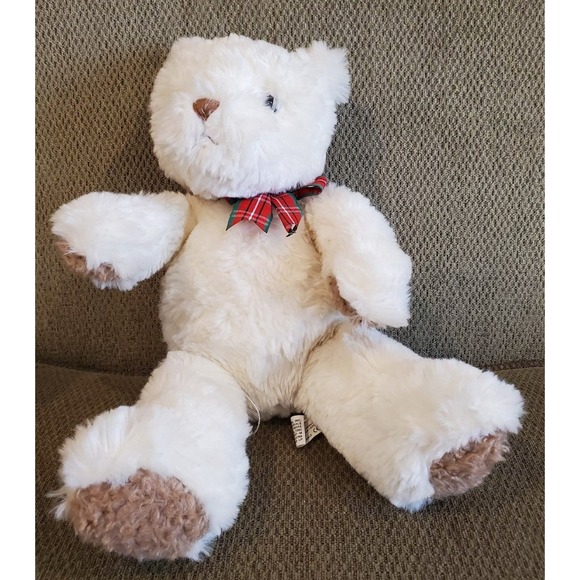 Chosun International Inc. White Bear Plush Toy with Red Plaid Bow Rare HTF - Picture 2 of 10